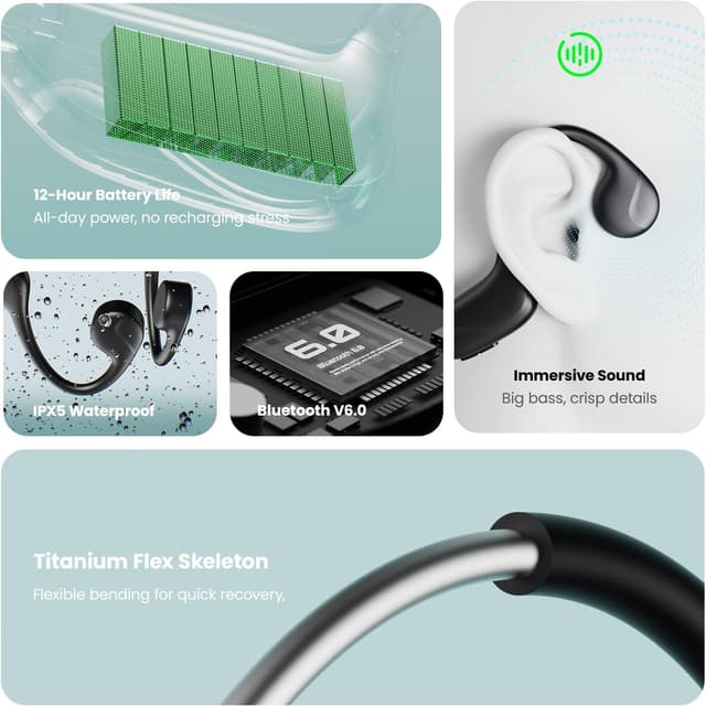 Thumbnail 6 de Pupabiflor Bone Conduction Headphones (Obsidian Black) — Bluetooth V6.0 Open-Ear Sport Earbuds with Mic