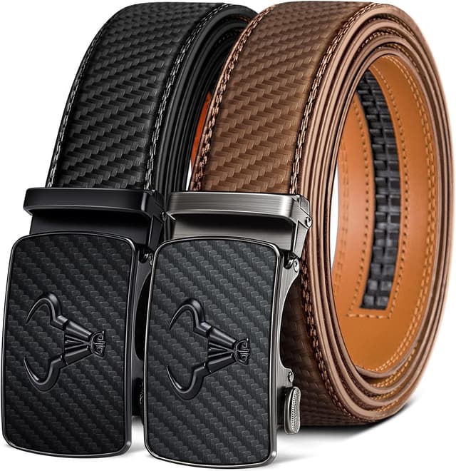 Detalle de BULLIANT Gürtel Herren 2er-Set mit Ratsche (Automatikschließe) – verstellbar 35 mm, Ledergürtel in Geschenkbox