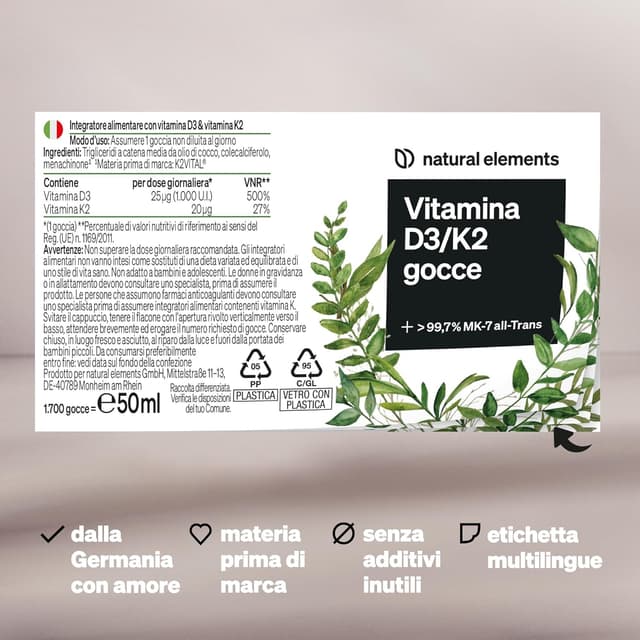 Detalle de Natural elements Vitamina D3 + K2 in gocce da 50 ml (Premium, alto dosaggio) con K2VITAL®