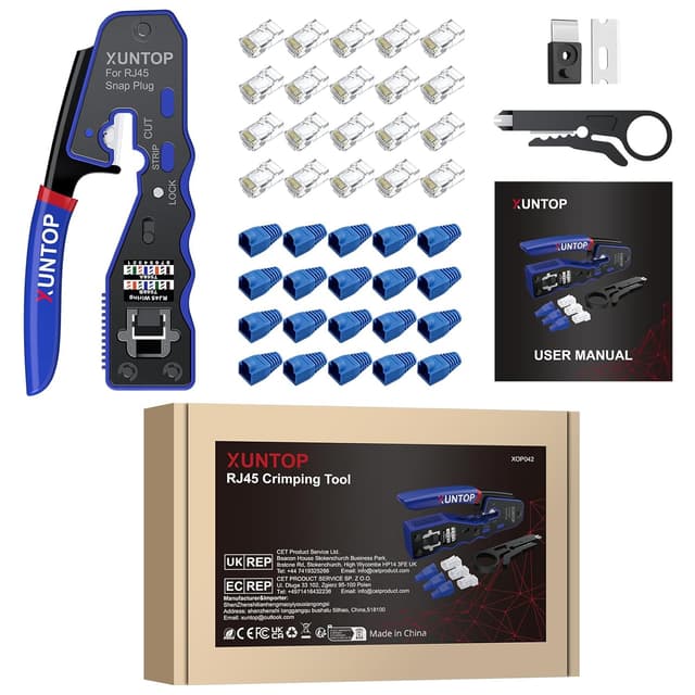 Thumbnail 6 de XUNTOP Pinza crimpatrice RJ45 pass-through con 20 connettori Cat6 dorati e accessori