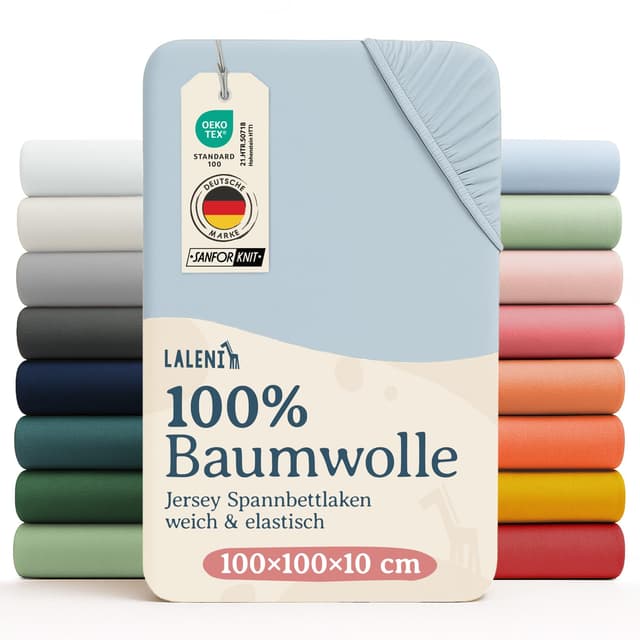 Detalle de Laleni Jersey Spannbettlaken (100×100 cm) für Baby-Beistellbett & Stubenwagen – 100% Baumwolle in Hellblau
