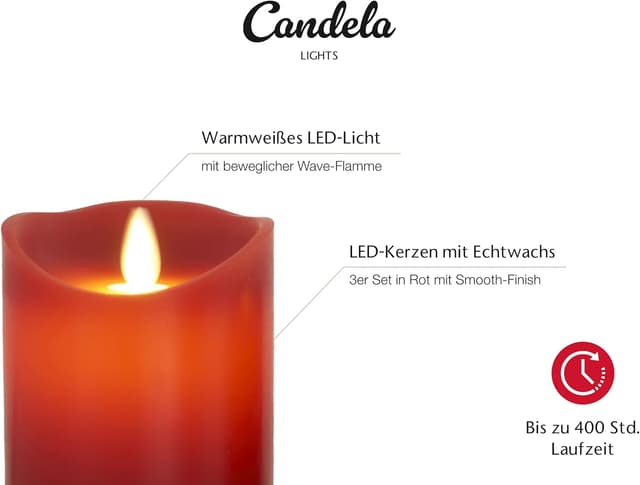 Detalle 2 de LC Home Candela Lights LED-Kerzen-Set in Rot (Echtwachsoptik), 3-teilig mit Fernbedienung, Timer & mehrstufig dimmbar