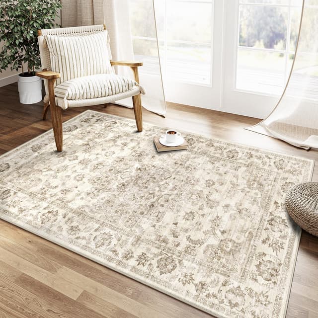 Detalle de HUGEAR Vintage Beige waschbarer Teppich für Wohnzimmer & Schlafzimmer (120x170 cm) – Retro Kurzflor mit rutschfester TPR-Rückseite