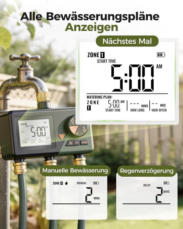 Detalle 2 de Diivoo Bewässerungscomputer mit 3 Ausgängen, Messinganschlüssen und großem LCD-Display