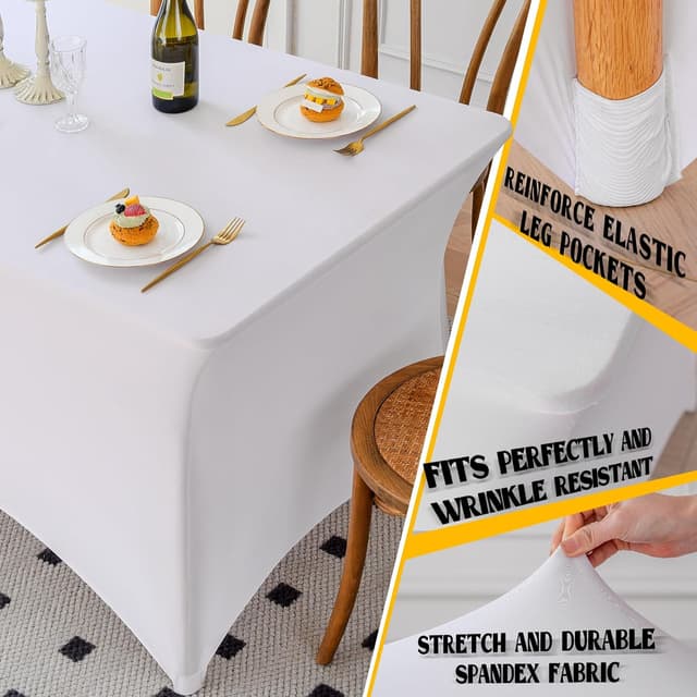 Detalle de Famstar White 4FT Spandex Tablecloth with Corner Pockets for Rectangle Fitted Tables
