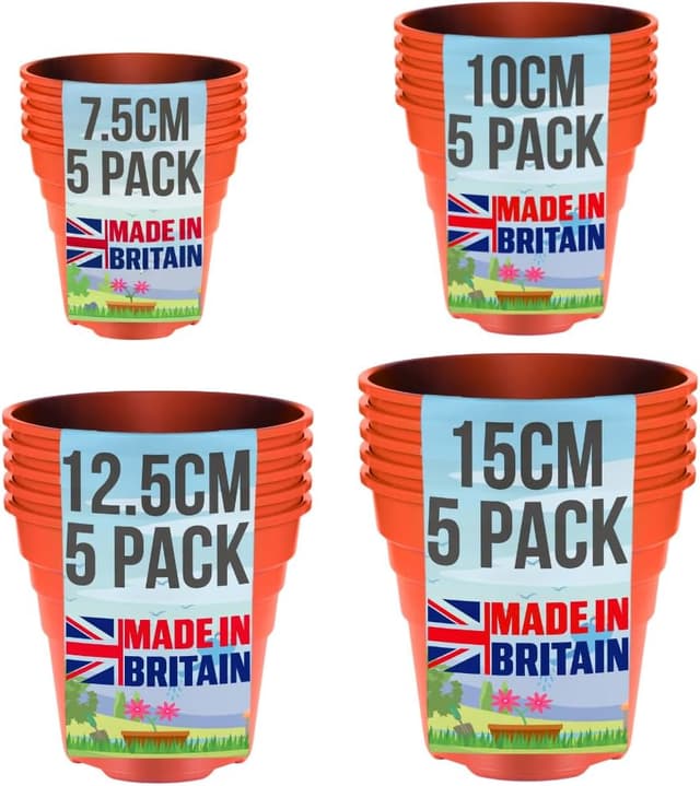 Detalle de Happy Pots 20 Pack Plastic Plant Pots (Mixed Sizes) – Made in UK, Terracotta, Drainage Holes