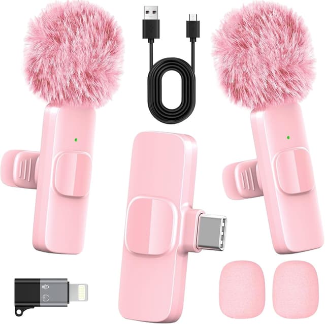 Detalle de HONGJIEYUAN Pink Wireless Lavalier Microphone (Dual Clip-On) for iPhone & Android