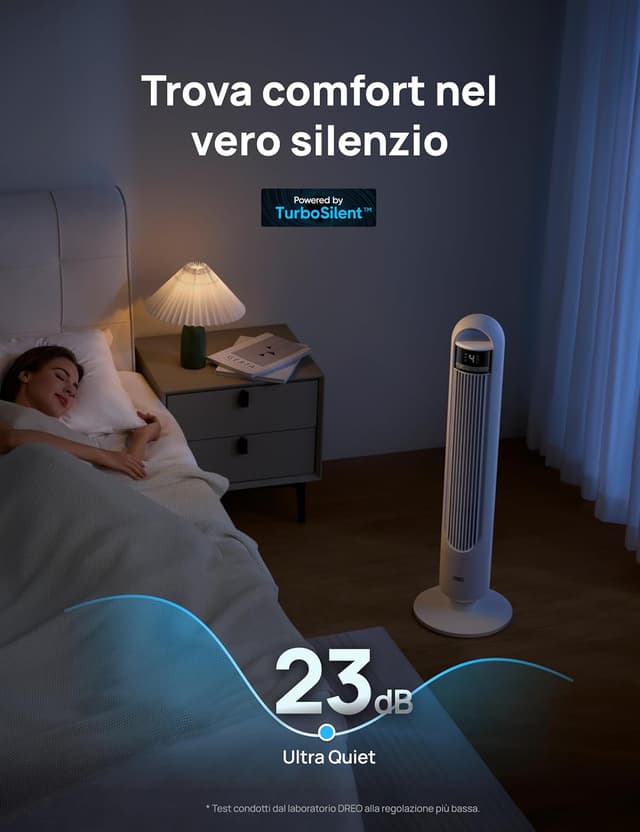 Detalle de DREO ventilatore a torre smart per camera da letto 28 dB, 4 velocità, 3 modalità, controllo app e oscillazione 90°