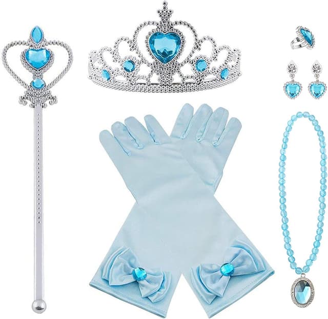 Detalle de Vicloon set di costumi da principessa con parrucca, tiara, bacchetta e accessori (8 pezzi / 9 pezzi) per bimbi 3–9 anni