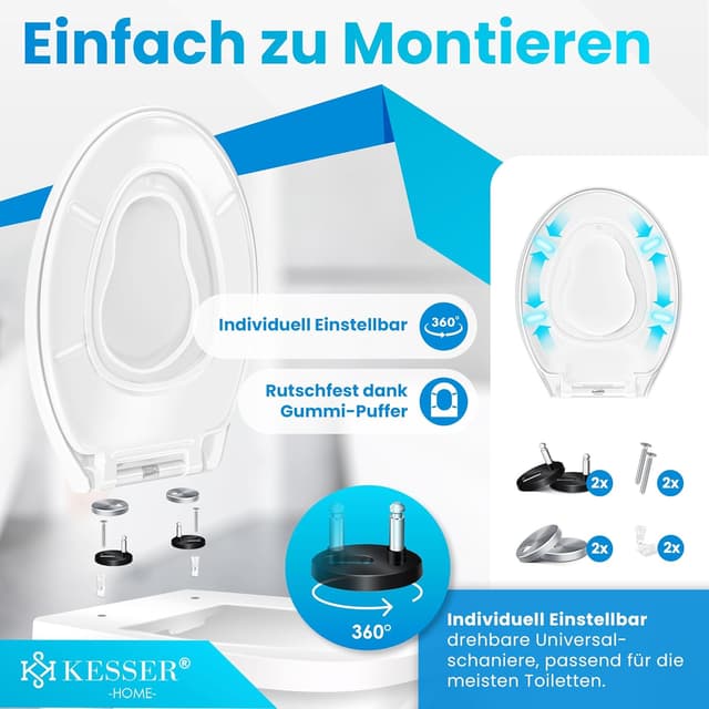 Detalle de KESSER WC Sitz mit Absenkautomatik, Quick-Release und Softclose (Duroplast, Edelstahl-Befestigung) – einfache Montage