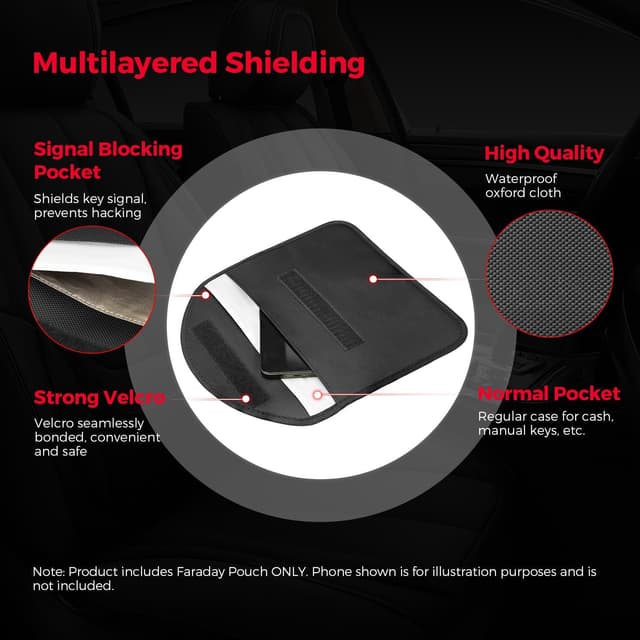 Detalle 2 de XTRONS Large Faraday Pouch (Car Keys/Phones) – RFID signal blocking key bag with hook, waterproof carbon fibre, black