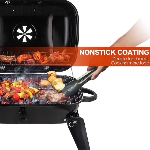 Detalle de CUSIMAX 18-inch Portable Charcoal Grill & Smoker with Lid, Folding Tabletop, Black