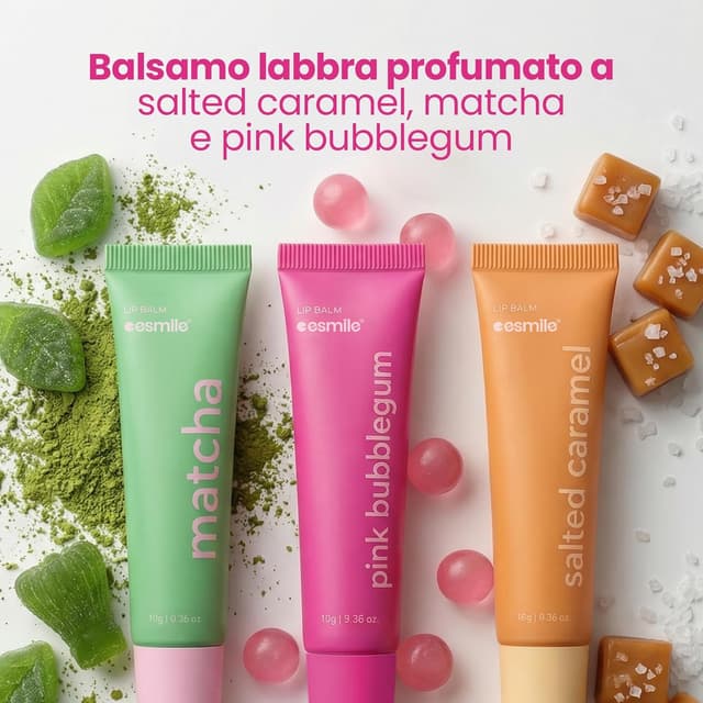 Detalle de ESMILE Lip Balm idratante in set da 3 pezzi (KISSABLE): Matcha, Salted Caramel e Pink Bubblegum