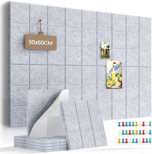 Detalle de Uoisaiko Cork Wall Board 30 x 30 cm with 6 Adhesive Felt Panels and 30 Push Pins (Light Grey)