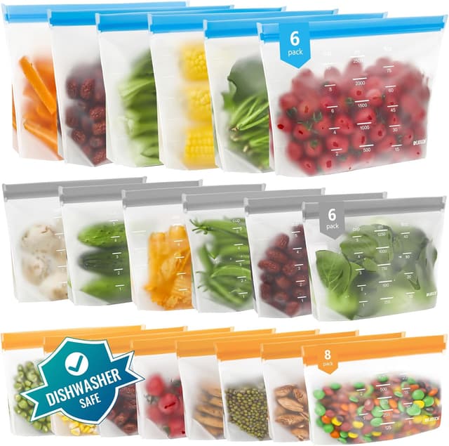 Detalle de IDEATECH Reusable Silicone Freezer Bags (20-Pack) – stand-up food storage pouches, BPA-free