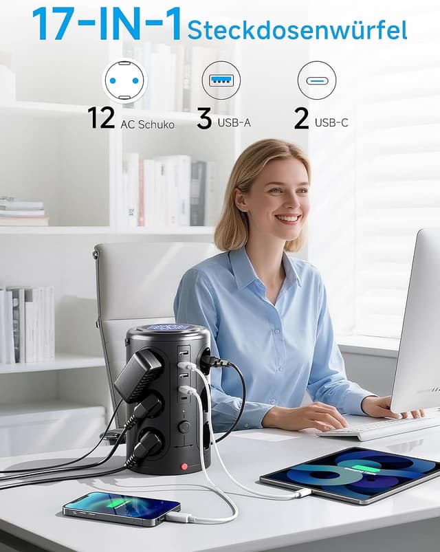 Detalle 2 de Pluackg Mehrfachsteckdose mit 5 USB und 12 Fach, Überspannungsschutz & 5 m Verlängerungskabel (Schwarz)