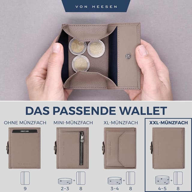 Detalle de VON HEESEN Slim Wallet mit XXL Münzfach & RFID-Schutz – Taupe, Leder-Geldbeutel im Kartenformat