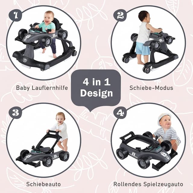 Detalle 2 de COSTWAY 4-in-1 Lauflernhilfe (dunkelgrau) mit klappbarem Lauflernwagen, Musikbox, Licht & Rädern – für ca. ab 6 Monaten, bis 12 kg