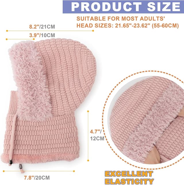 Detalle 2 de DRESHOW Women’s winter balaclava knit beanie with drawstring hood scarf (3-in-1)