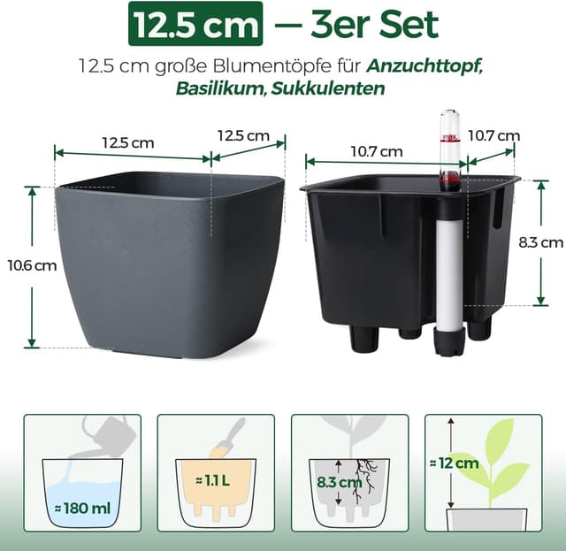 Detalle de T4u 3er-Set eckige Selbstbewässerungstopfe (12,5 cm) mit Wasserstandsanzeige in Grau