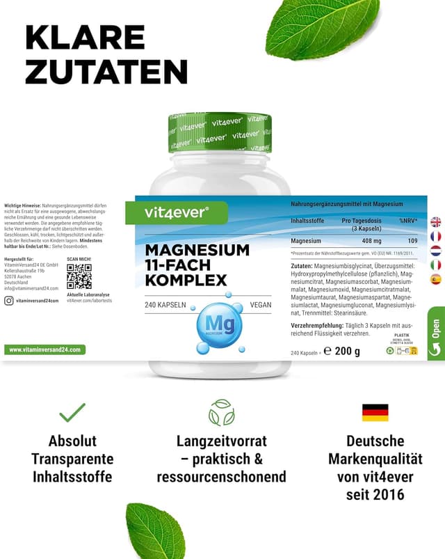 Detalle de vit4ever Magnesium Komplex – 240 Kapseln mit 408 mg elementarem Magnesium täglich (vegan)