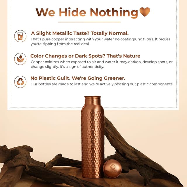 Detalle de AVA DESIGNZ Hand Hammered Pure Copper Water Bottle 950 ml – leakproof BPA-free sports & gym bottle