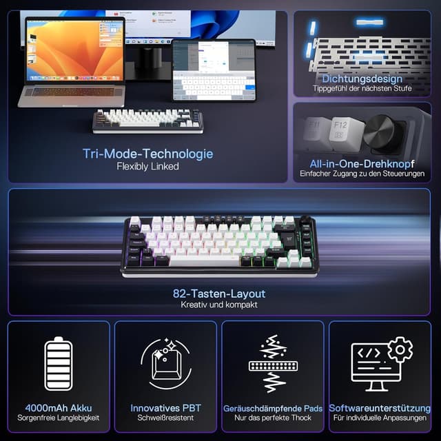 Detalle 2 de Redragon K673 PRO kabellose QWERTZ-Gaming-Tastatur (75% / 82 Tasten) mit Hot-Swap und Tri-Mode