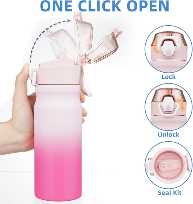 Detalle de BJPKPK 18oz Insulated Stainless Steel Water Bottle with Straw, Double-Wall Vacuum Insulation & Leak-Proof Lockable Flip Lid (BPA-Free)