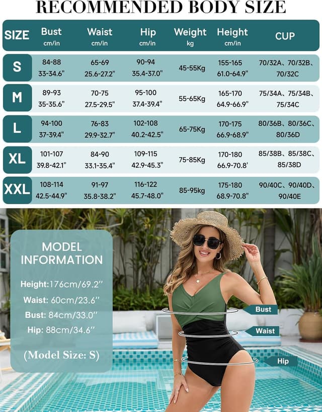 Thumbnail 6 de Vijamiy Damen Badeanzug Einteiler mit tiefem V-Ausschnitt und Bauchweg-Effekt (One Piece)