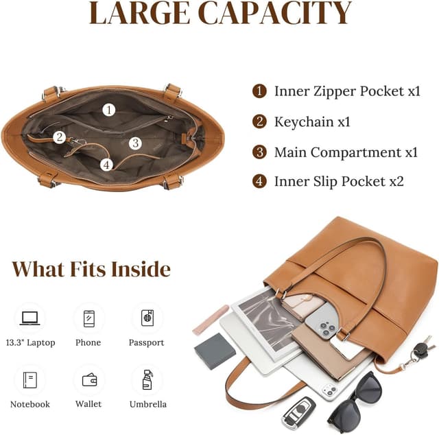 Detalle de S-ZONE genuine leather tote bag for women with zipper – work, travel & shoulder carry