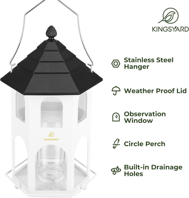 Detalle de Kingsyard metal bird feeder for outdoor hanging (white) with circular perch and 4 lbs capacity