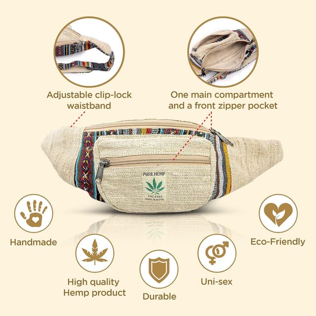 Detalle de Freakmandu Unisex Hanf Gürteltasche „Beatnik“ – verstellbare Fanny Pack zum Umhängen für Wandern, Laufen & Festival