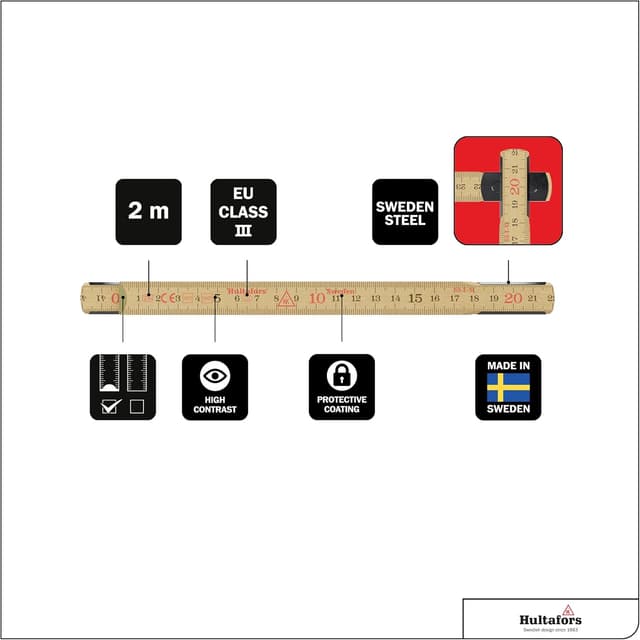 Detalle de Doppio metro pieghevole 2 m Hultafors Schwedenmeter® originale in betulla (confezione multipla da 3 pezzi, 100012)
