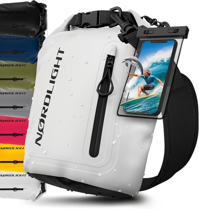 Detalle de Nordlight Dry Bag wasserdichte Tasche mit Handyhülle (Roll-Top) & Schultergurt – Weiß, 5 Liter