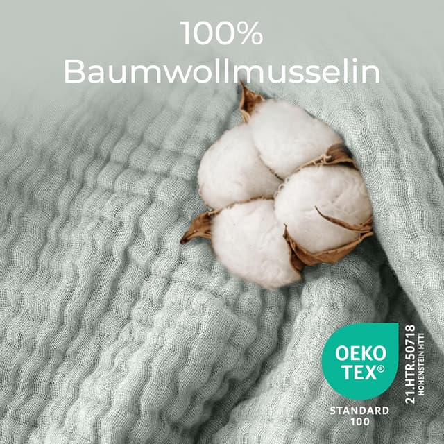 Detalle de Dreamzie Musselin Tagesdecke 220x240 cm (Baumwolle, Oeko-Tex, hellgrün) als leichte Überwurfdecke