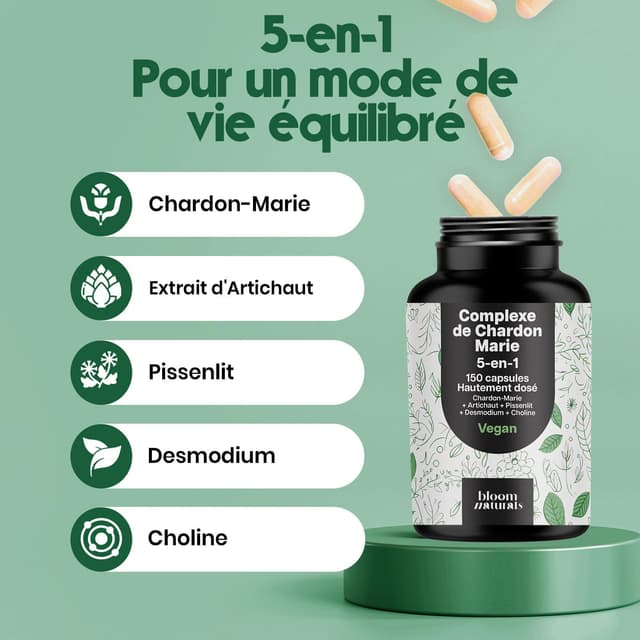 Detalle 2 de Detox Foie 5-en-1 – 150 capsules vegan (chardon-Marie, artichaut, pissenlit, desmodium, choline)