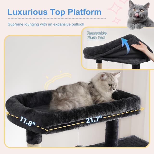 Detalle de Heybly Kratzbaum Groß (193 cm) Rauchgrau – mit 2 Katzenhäuschen, Hängematte, Korb und 10 Sisal-Kratzstämmen