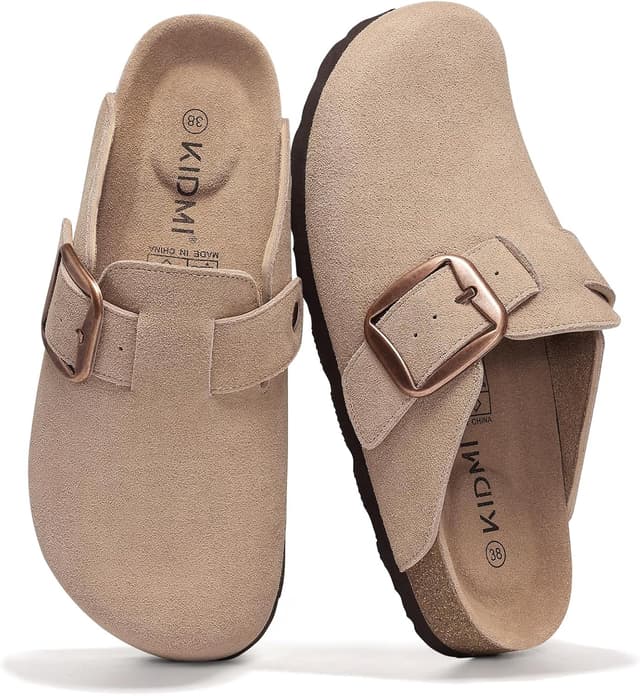 Detalle de KIDMI Genuine Suede Clogs for Women with Memory Foam Cork Footbed and Big Buckle