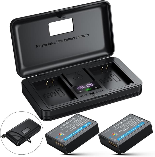Detalle de LP-E10 Battery 2-Pack 1600mAh & Digital Display Dual USB Charger for Canon LP-E10