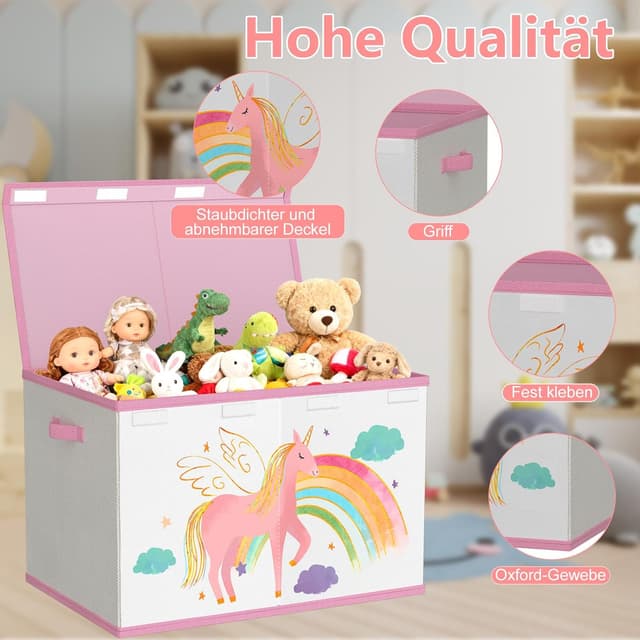 Detalle de VERONLY Spielzeugkiste mit Deckel (83 L), faltbar, mit Tragegriffen – Aufbewahrungsbox für Kinderzimmer (Beige & Rosa)