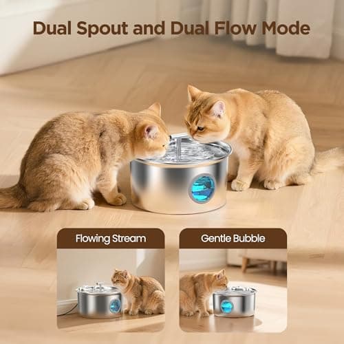 Detalle de UMOCUOY fuente de agua para gatos de acero inoxidable 304 con cuenco dispensador automático y doble caño (2,6 L)