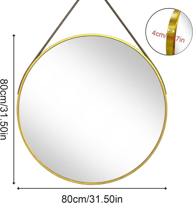 Detalle 2 de Artloge Spiegel Rund Gold 80 cm – Wandspiegel mit Metallrahmen und Lederband