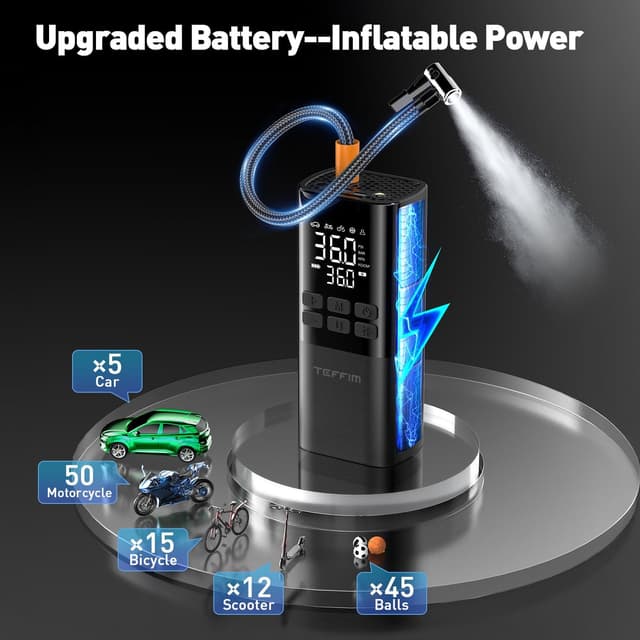 Detalle de Teffim Portable Tire Inflator Air Compressor with Pressure Gauge, LED Light, and 5 Modes