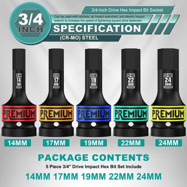 Detalle 2 de Jeu de douilles longues hexagonales à chocs 3/4" KIRXST (14 à 24 mm) – 5 douilles Allen