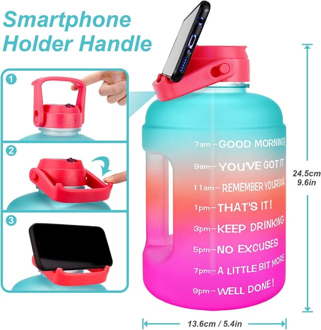 Detalle 2 de BuildLife 2.2L Motivational Water Bottle with Straw, Time Marker & BPA-Free (Green-Pink)