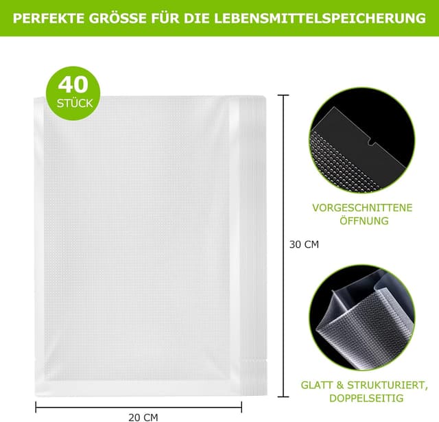 Detalle de Bonsenkitchen Profi Vakuumbeutel VB32 – 40 Vakuumierbeutel 20×30 cm, BPA-frei, zum Kochen & Sous-Vide