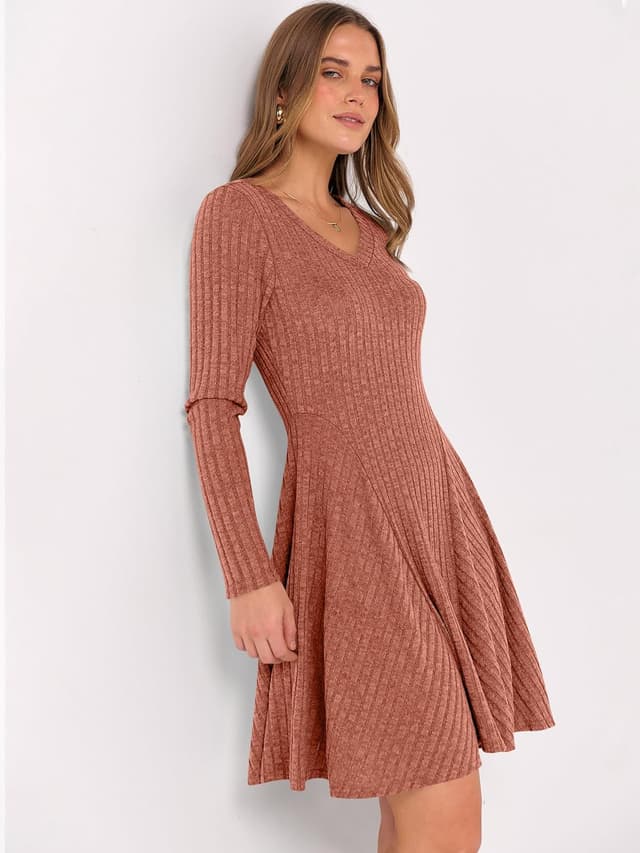 Thumbnail 4 de ANRABESS Knit Short Dress for Women, V-Neck, Long Sleeve, A-Line