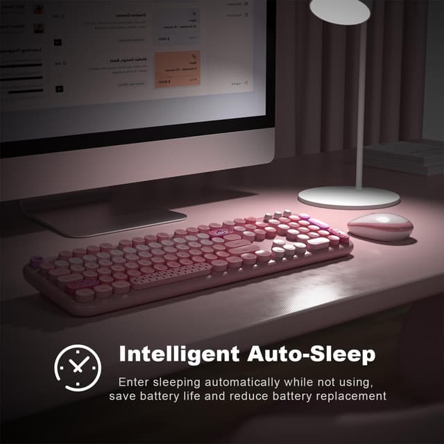 Detalle de MOWUX Wireless Keyboard and Mouse Combo (Full-Size Typewriter Retro Round Keys) + Cute Optical Mouse, Plug and Play — Pink Heart