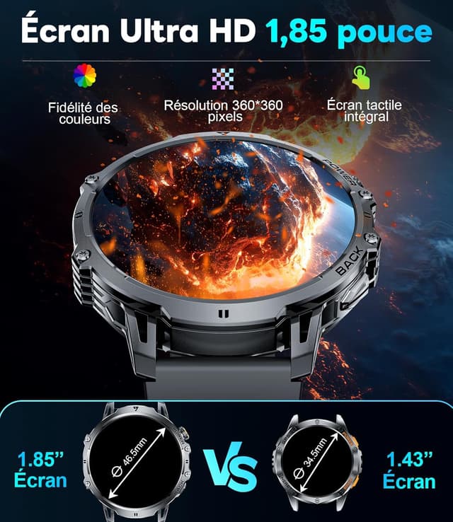 Detalle de LIGE Montre Connectée Homme 2025 : écran HD 1,85", batterie 1000 mAh et suivi santé