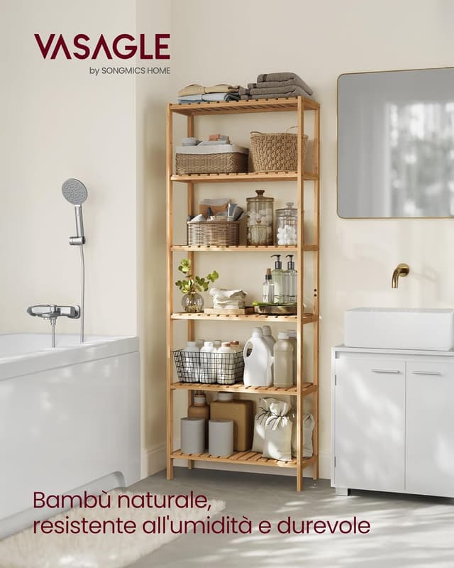 Detalle de SONGMICS Scaffale portaoggetti in bambù con 6 ripiani regolabili BCB036Y01, 26 x 60 x 160,9 cm